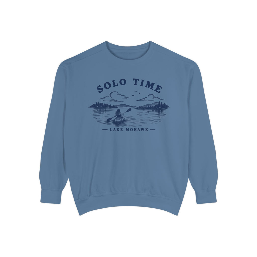 Solo Time Lake Crewneck — Kayaking Graphic Pullover - Shop Lake Mohawk - Blue Jean / S