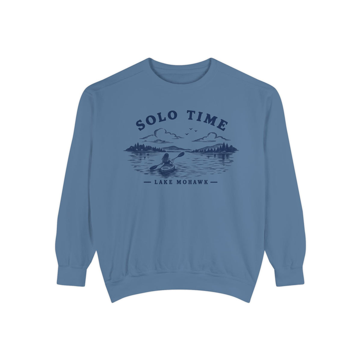 Solo Time Lake Crewneck — Kayaking Graphic Pullover - Shop Lake Mohawk - Blue Jean / S