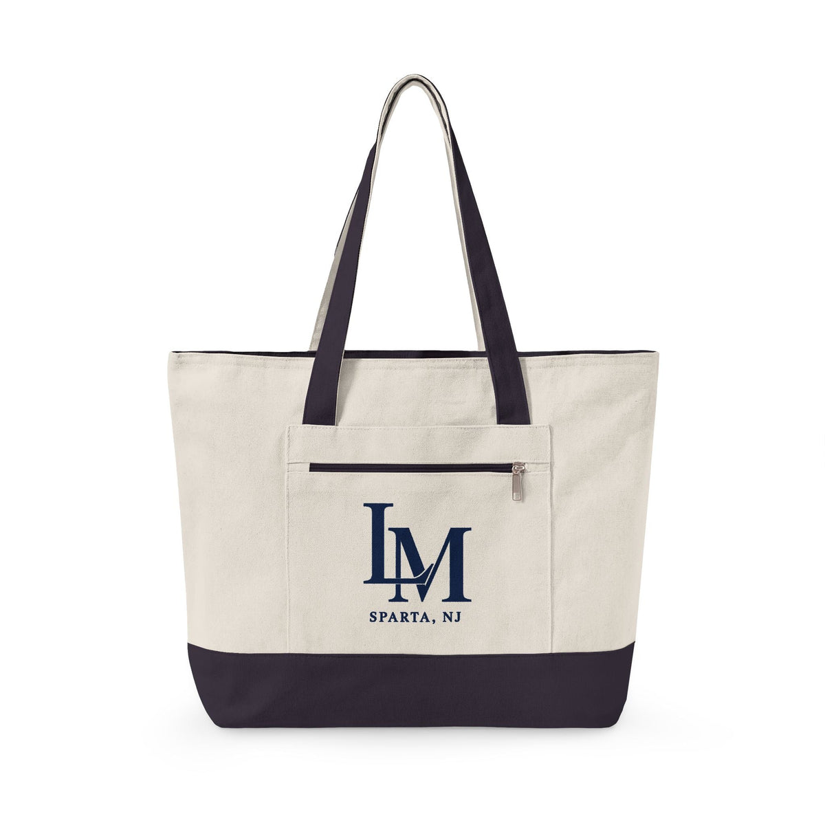 LM Sparta, NJ Zippered Canvas Tote - Shop Lake Mohawk - 18" x 14" x 4.5" / Natural/Navy