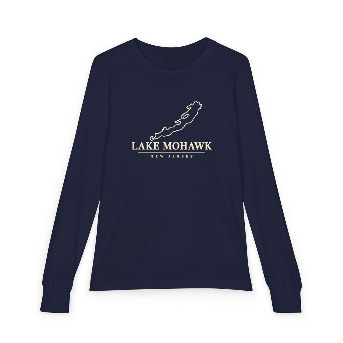 Lake Mohawk Minimal Lake Outline Youth Long Sleeve - Shop Lake Mohawk - Navy / S