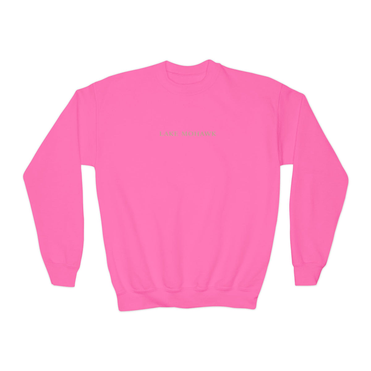 Lake Mohawk Minimal Text Youth Crewneck - Shop Lake Mohawk - Safety Pink / XS