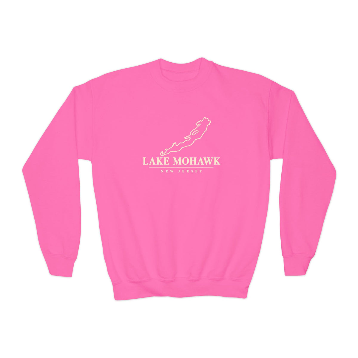 Lake Mohawk Map Youth Crewneck - Shop Lake Mohawk - Safety Pink / XS
